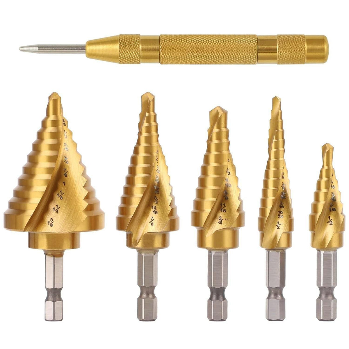 Stufenbohrer-Set mit Körner, HSS Titan, 50 Größen, inkl. Koffer