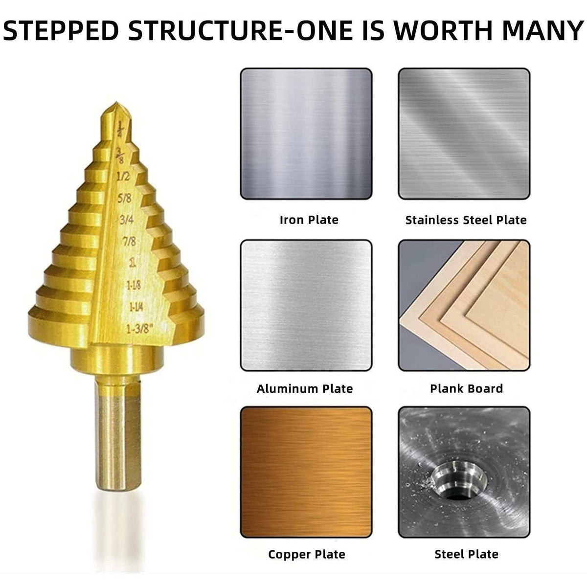 Stufenbohrer-Set mit Körner, HSS Titan, 50 Größen, inkl. Koffer