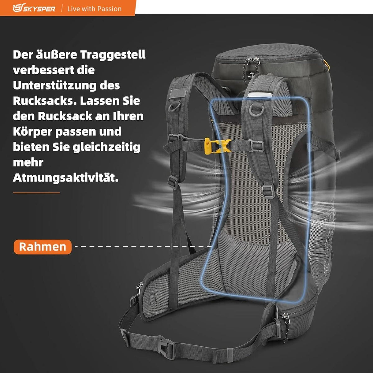 30L SKYSPER Wanderrucksack mit Rückenbelüftung und Netz-Rücken - Dunkelgrau