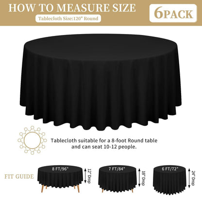 8x Runde Tischdecke Schwarz 300cm – Polyester, Maschinenwaschbar