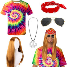 Hippie Kostüm Herren 70er Jahre T-Shirt Perücke Brille Peace Halskette