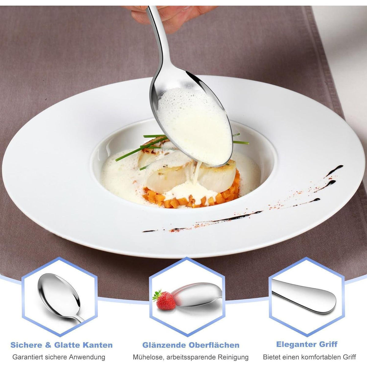 Esslöffel 6er Set Edelstahl, 20,5cm Suppenlöffel Tafellöffel, Hochglanzpoliert