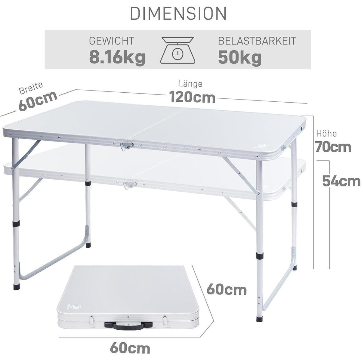 Klapptisch Aluminium höhenverstellbar mit Stauraum 120x60cm
