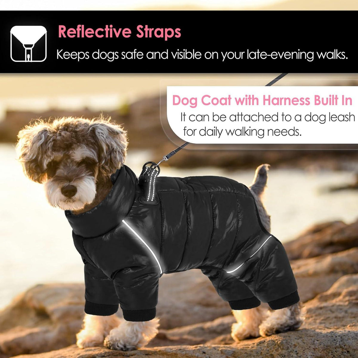 AOFITEE Wasserdichter Winter-Hundemantel mit Reflektierendem Streifen, Schwarz