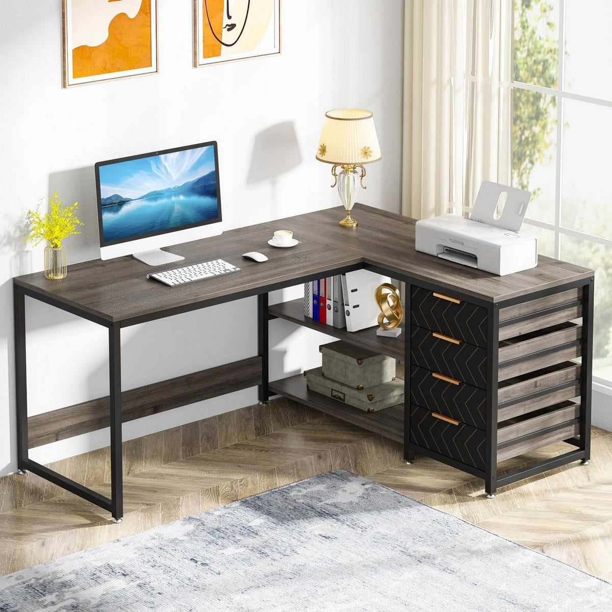 L-förmiger Schreibtisch mit Schubladen – Eckschreibtisch für Büro & Home Office