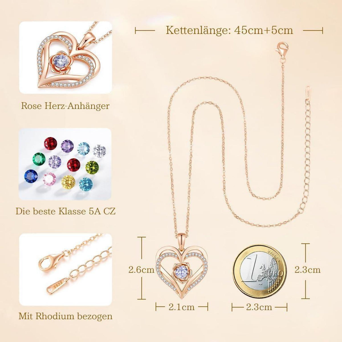 Herz Halskette mit Geburtsstein aus 925 Sterling Silber, Roségold-Beschichtung