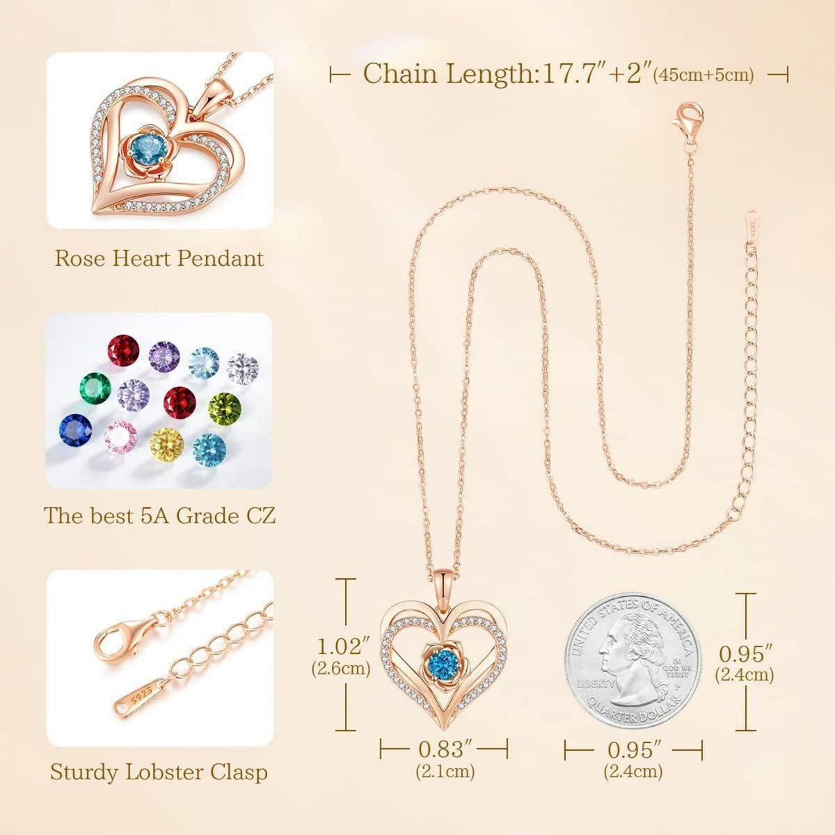 Herz Halskette mit Geburtsstein aus 925 Sterling Silber, Roségold-Beschichtung