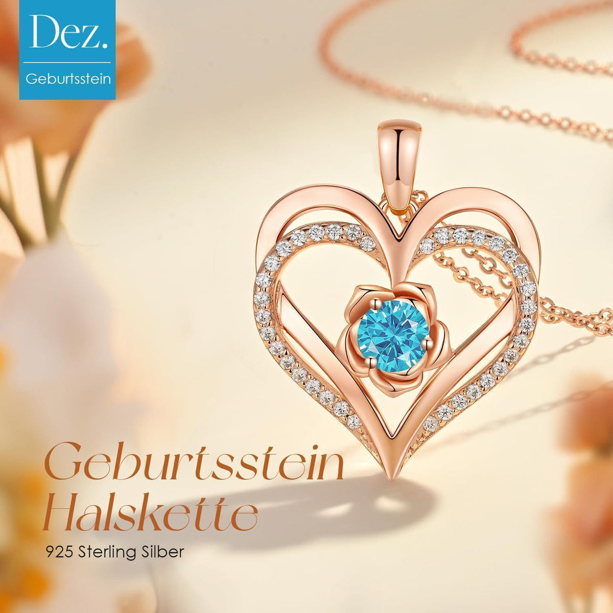 Herz Halskette mit Geburtsstein aus 925 Sterling Silber Rosegold