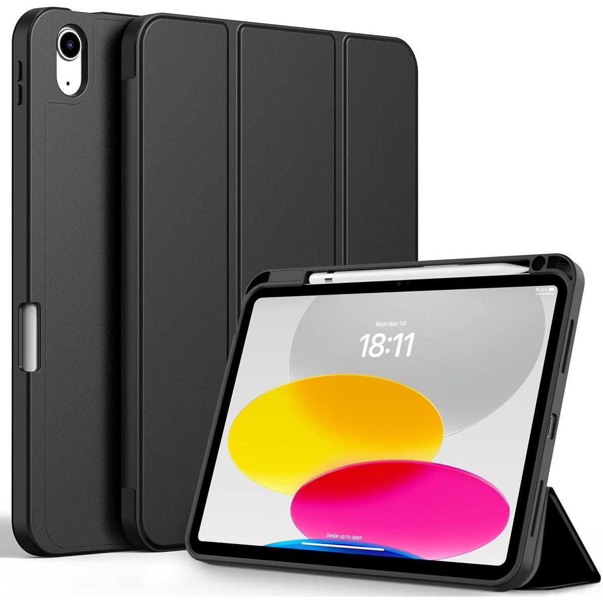 iPad Hülle mit Stifthalter, dreifach faltbar, Schwarz