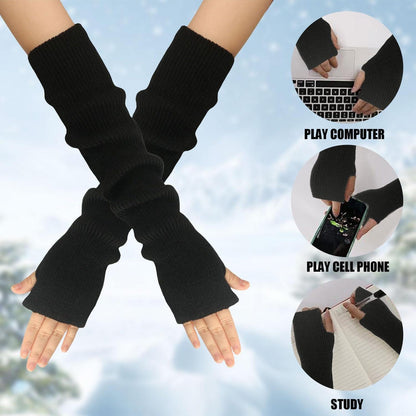 Armstulpen Damen Lang Gestrickt mit Daumenloch Schwarz