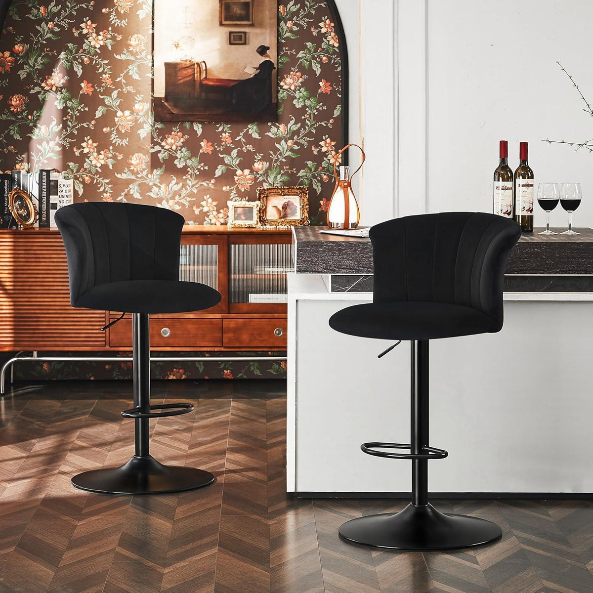 Höhenverstellbarer Barhocker 2er Set mit Lehne & Seidensamt
