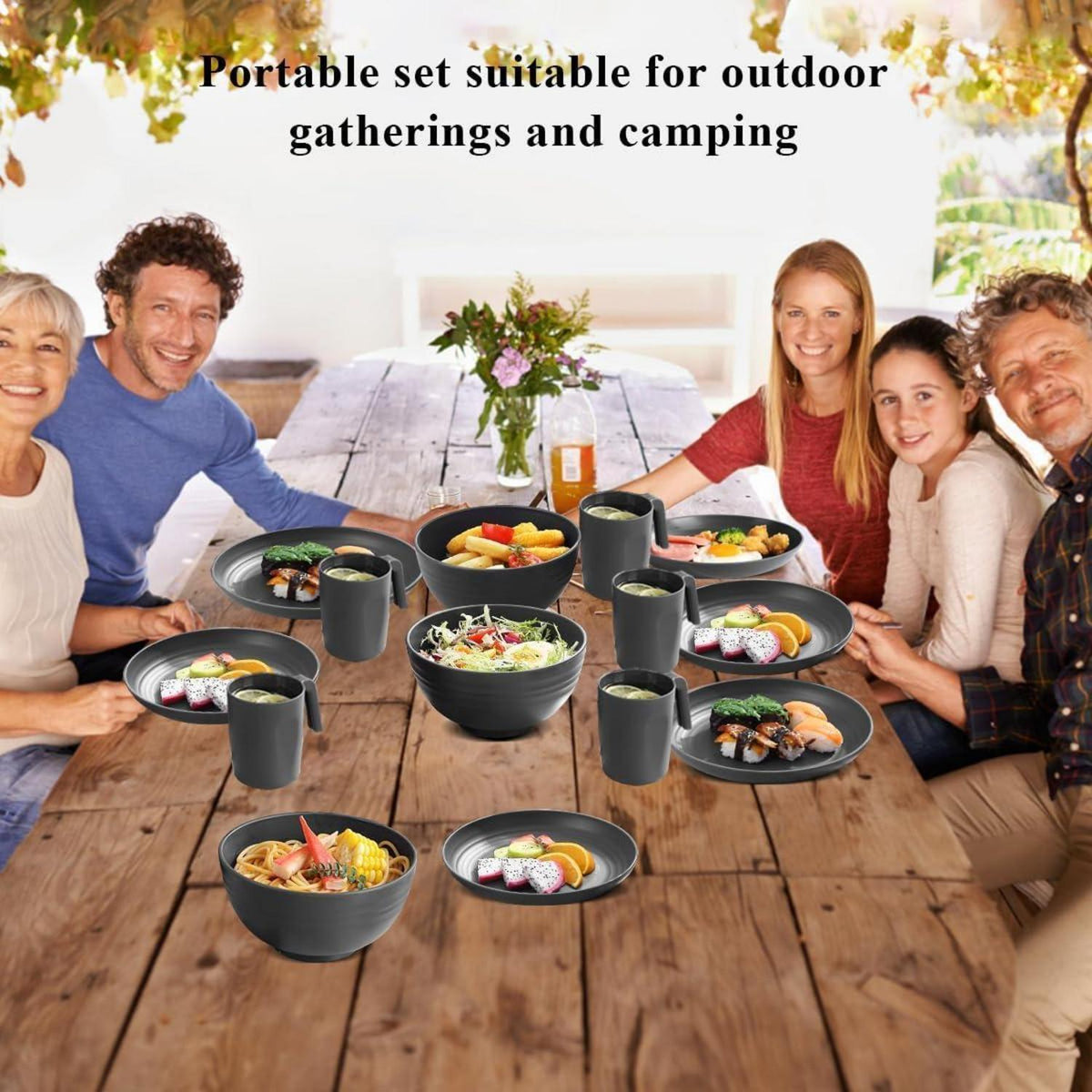 32-teiliges Kunststoffgeschirr Set, wiederverwendbar, für 8 Personen, Grau