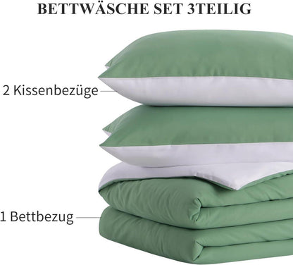 Bettwäsche Set 220x240 Grün Weiß 3tlg Microfaser Wendebettwäsche