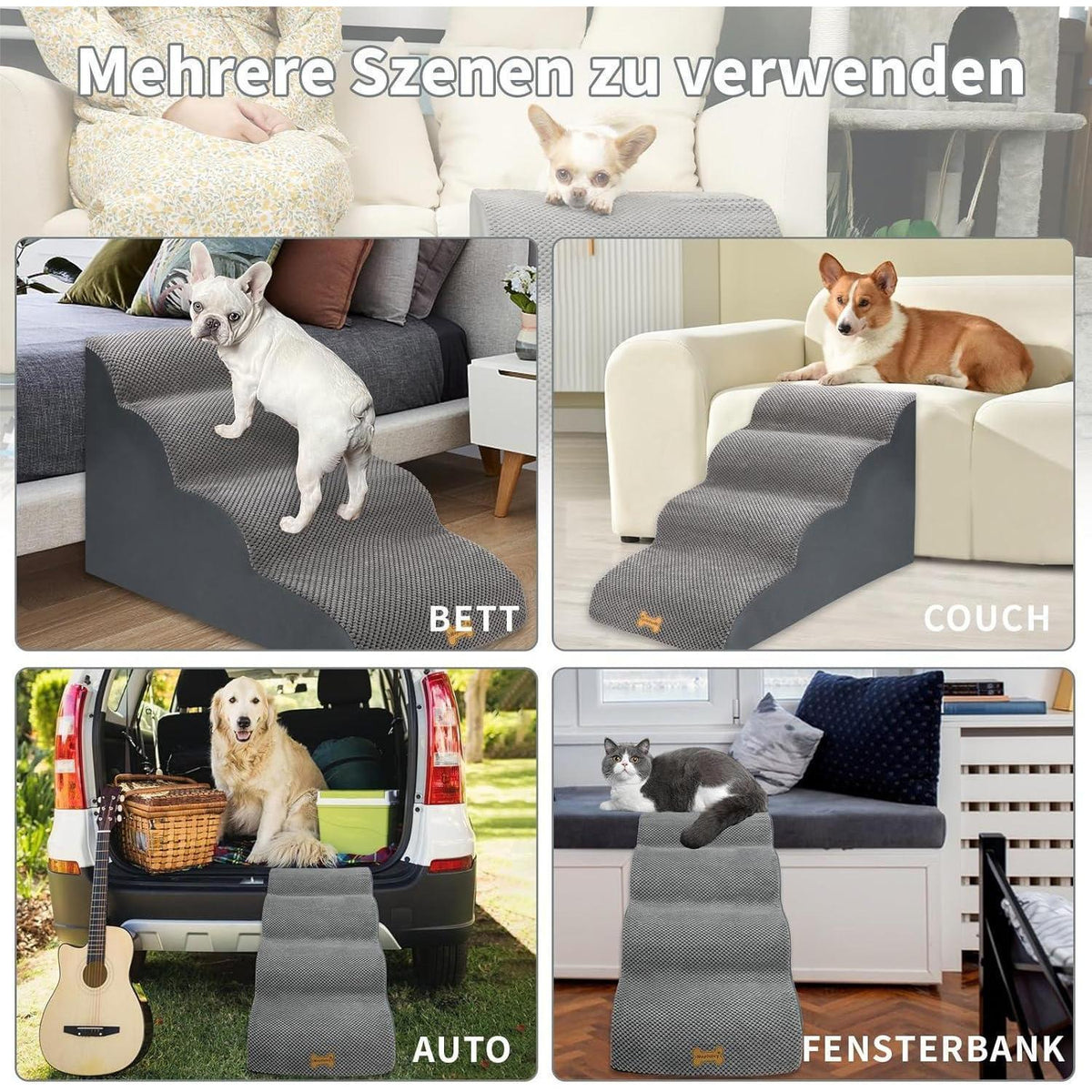 Hundetretppe 4 Stufen Grau für Kleine Hunde & Ältere Hunde