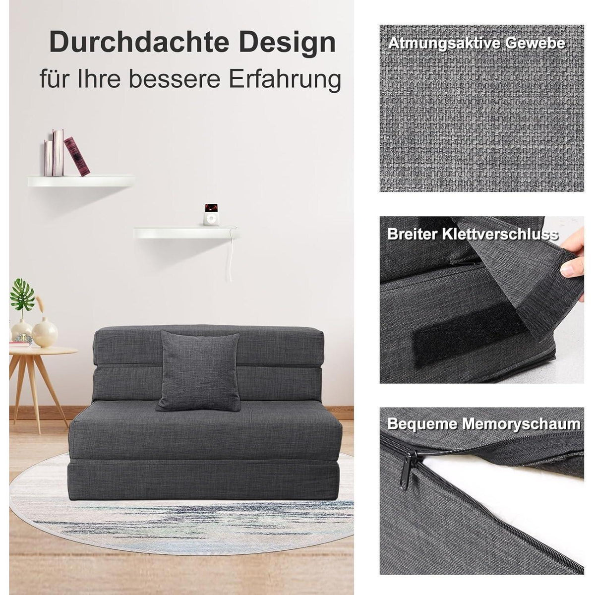 Schlafsessel mit Bettfunktion & Memory Schaum – Dunkelgrau 100x190cm