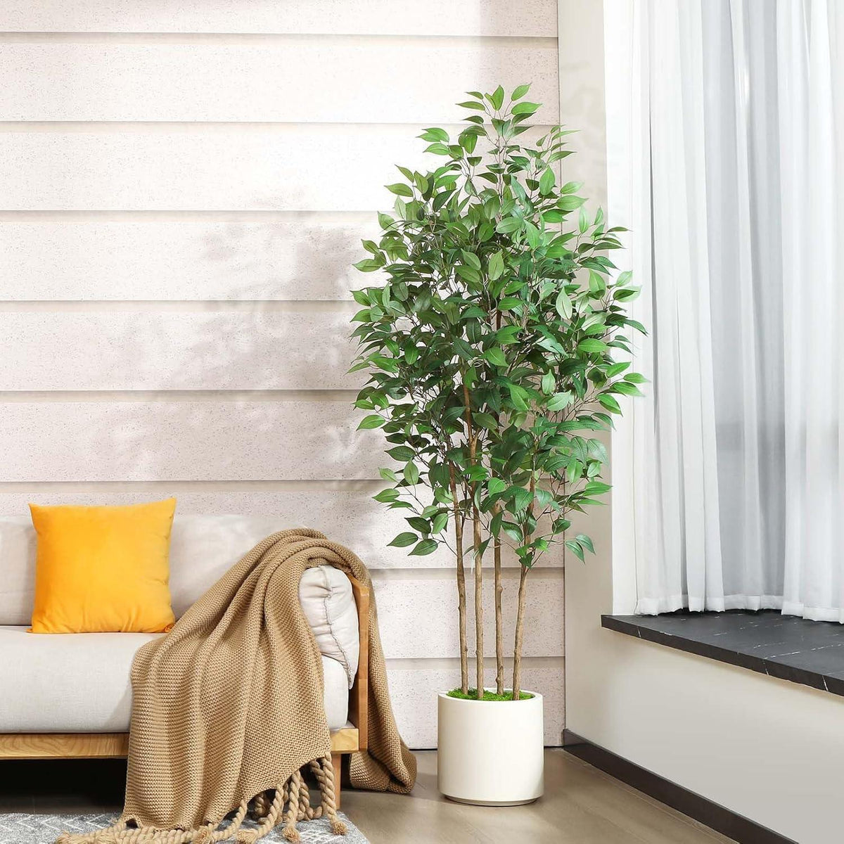 Künstlicher Ficusbaum 180cm mit weißem Topf und Kunstmoos