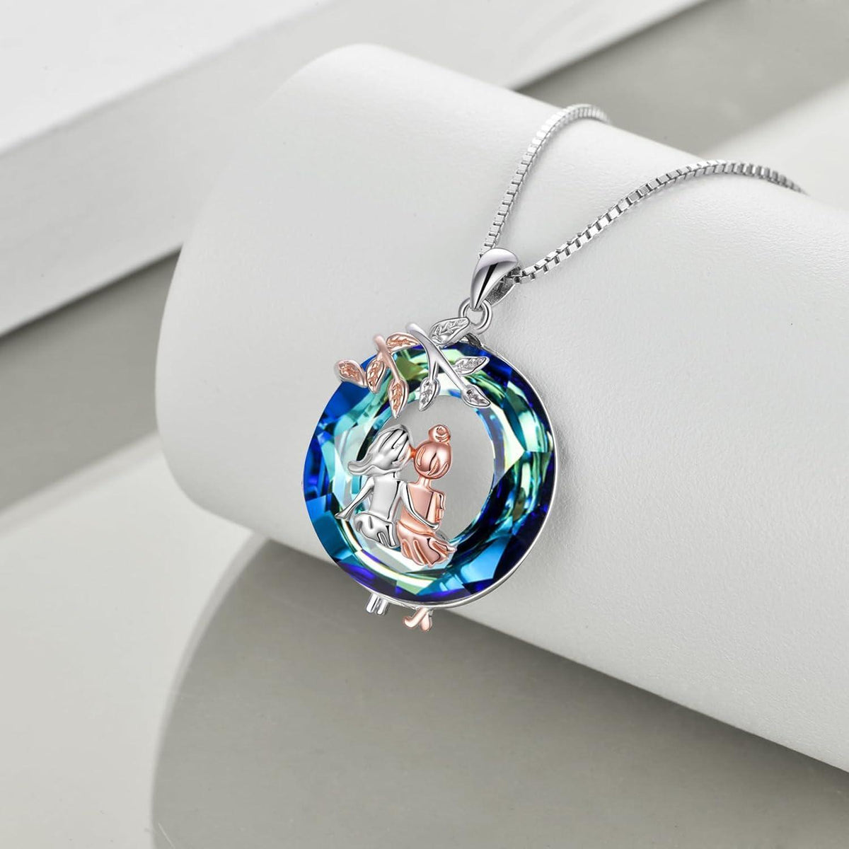 Schwestern Halskette Sterling Silber Infinity Herz Blauer Kristall