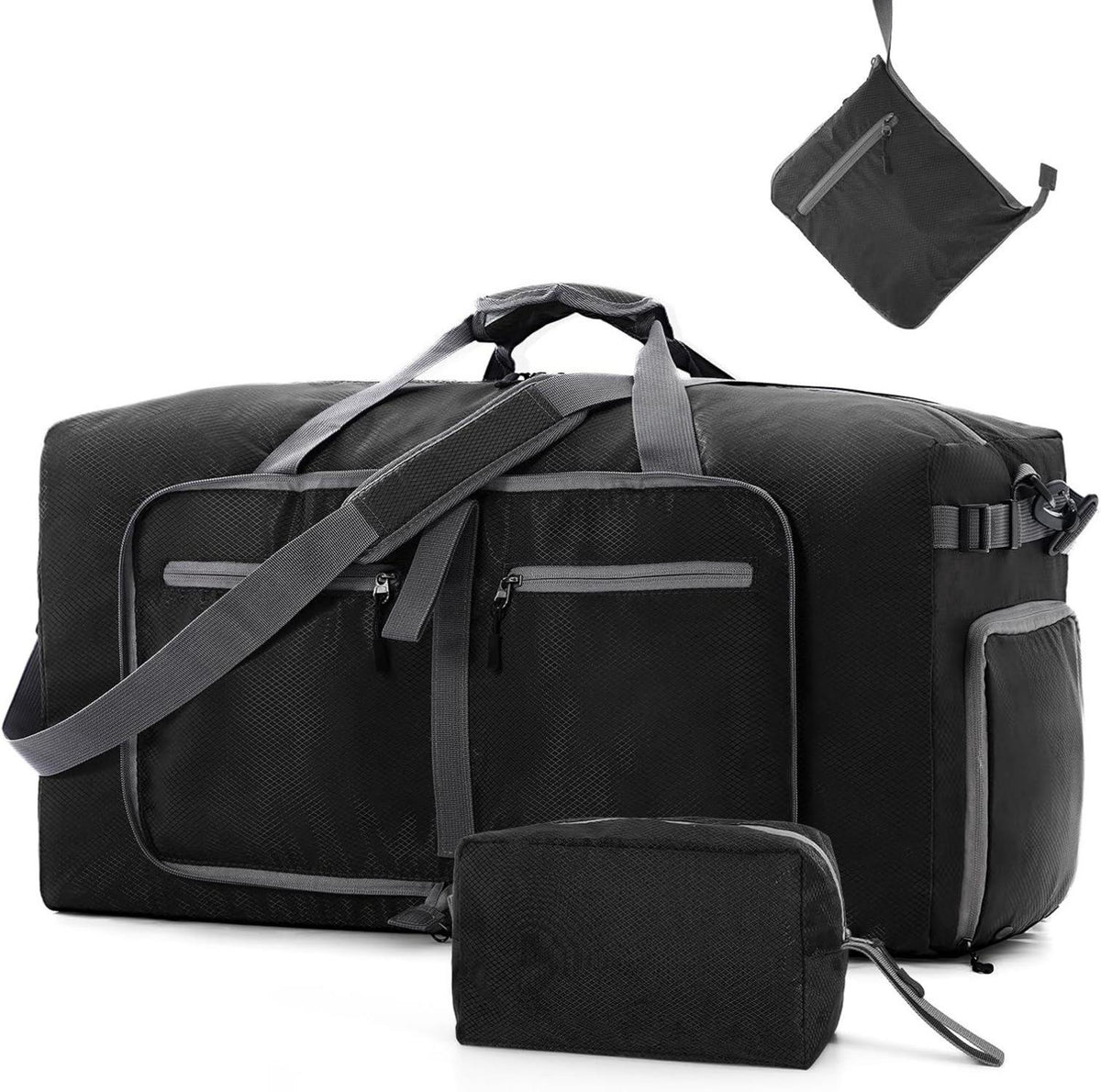 Faltbare Reisetasche mit extra Kulturbeutel, 65L, Schwarz