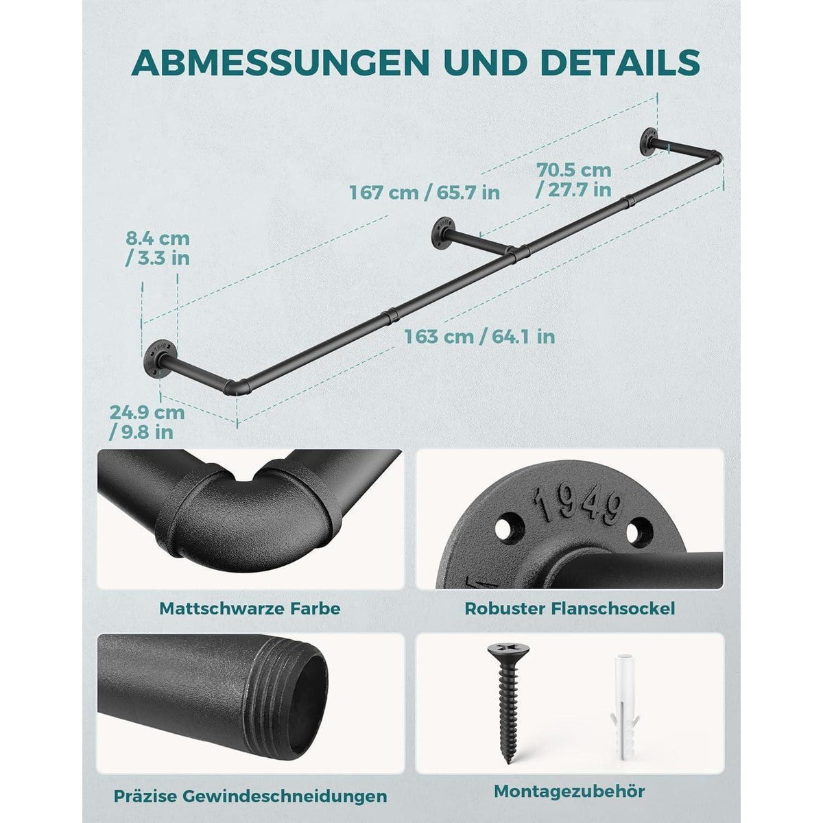 Industrielle Rohr Kleiderstange 2er Set, 167cm Wandmontage Schwarz