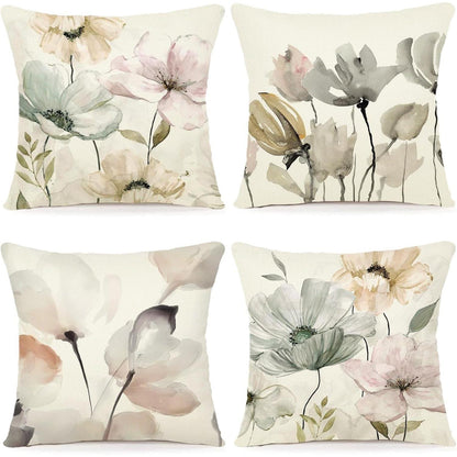 Blumen Kissenbezug 40x40 - 4er Set Leinen Outdoor Deko