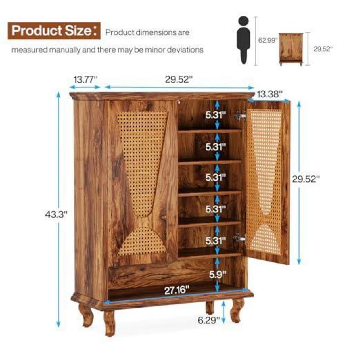 Rattan Schuhschrank mit 2 Türen – 75x37x110cm – 7-stöckig