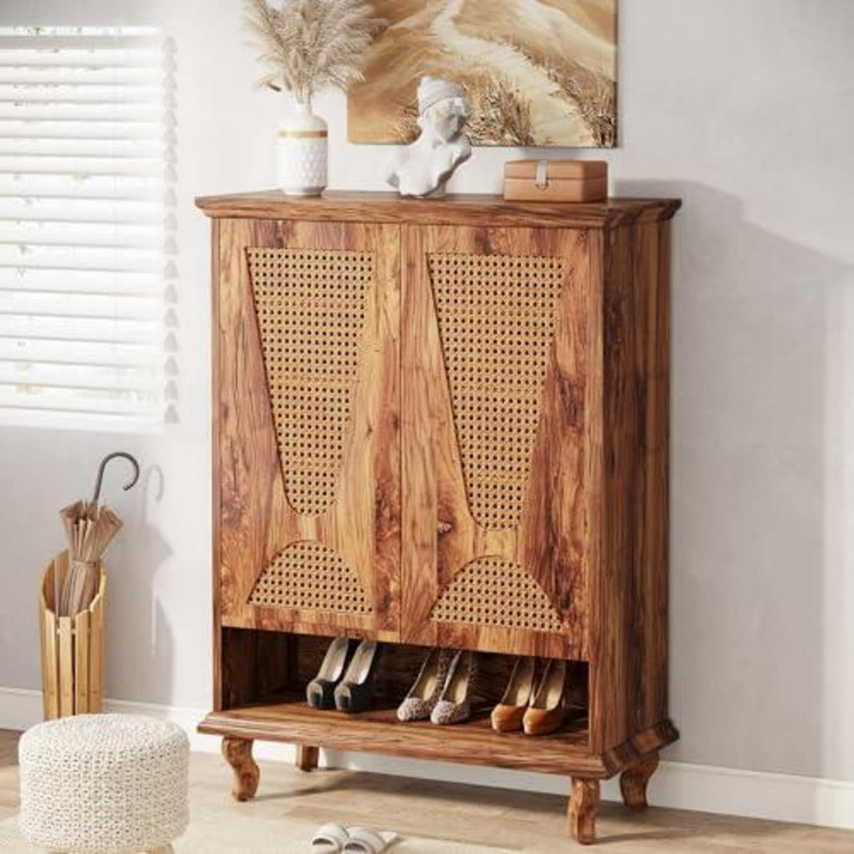 Rattan Schuhschrank mit 2 Türen – 75x37x110cm – 7-stöckig