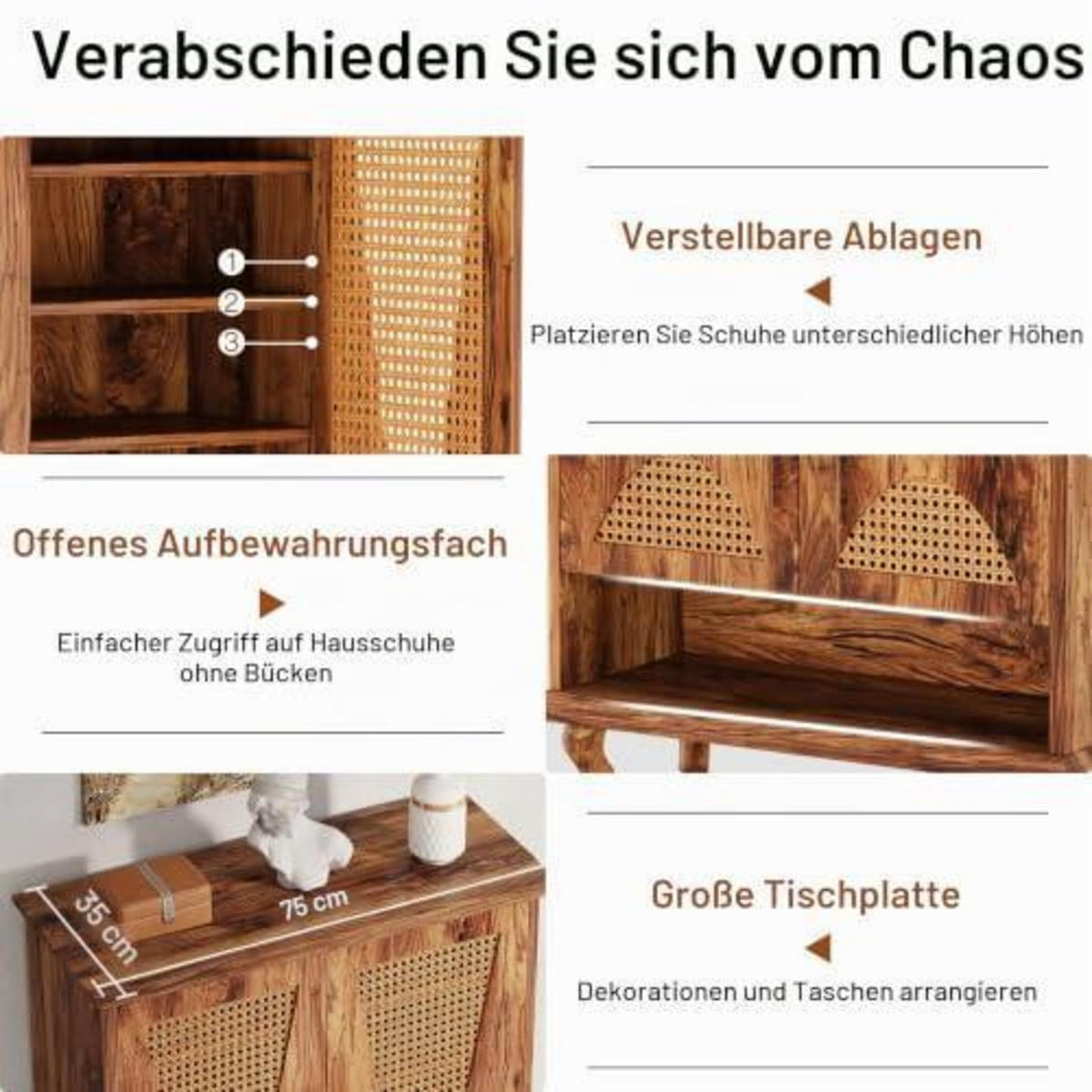 Rattan Schuhschrank mit 2 Türen – 75x37x110cm – 7-stöckig