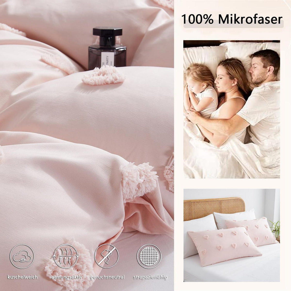 Boho Bettwäsche Set Rosa Getuftet 200x220cm Herz Design