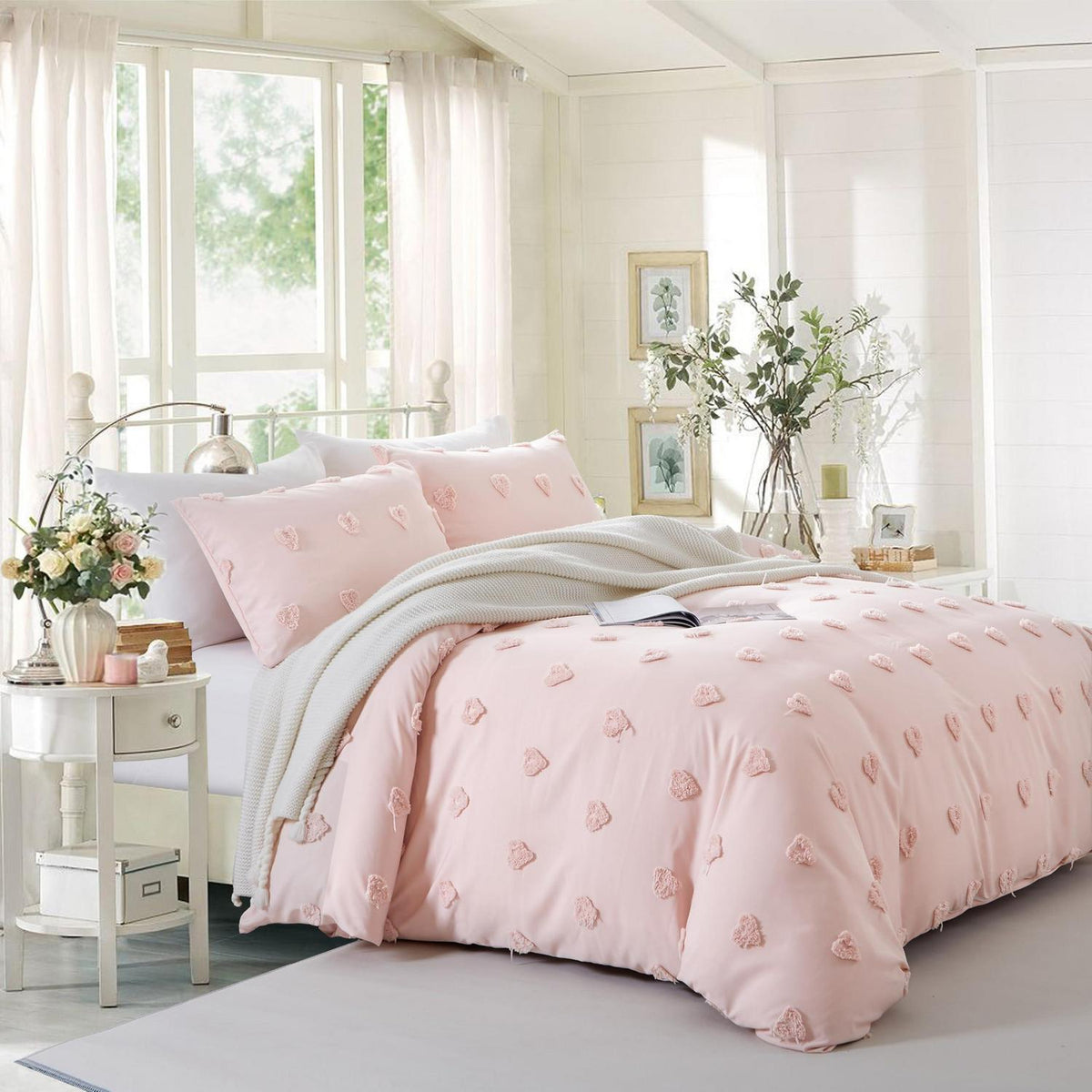 Boho Bettwäsche Set Rosa 220x240 mit Stickerei & Getuftung