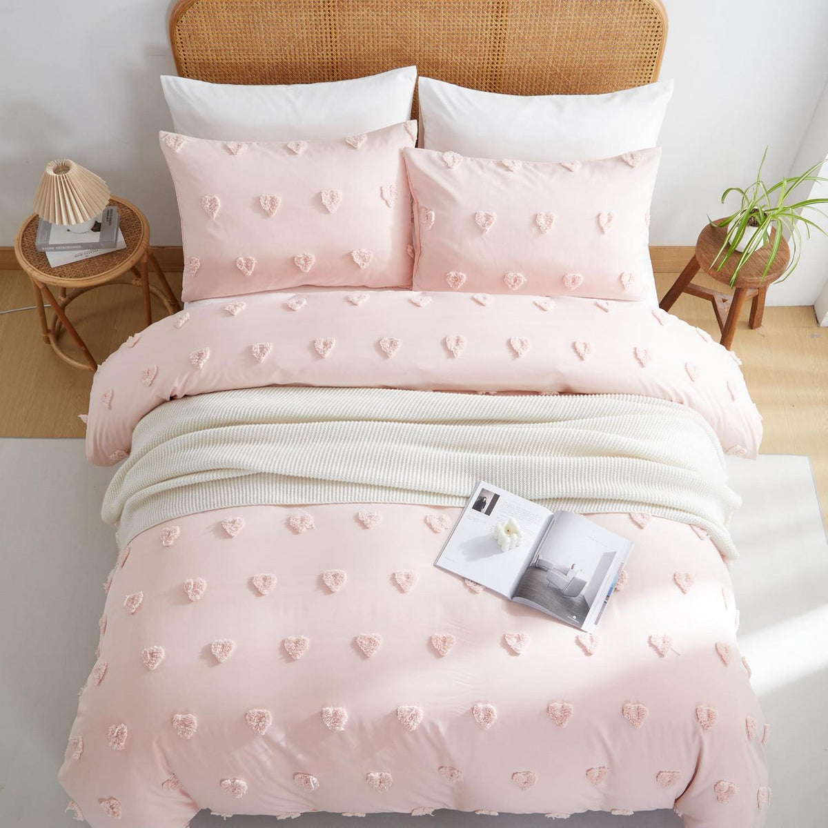 Boho Bettwäsche Set Rosa 220x240 mit Stickerei & Getuftung