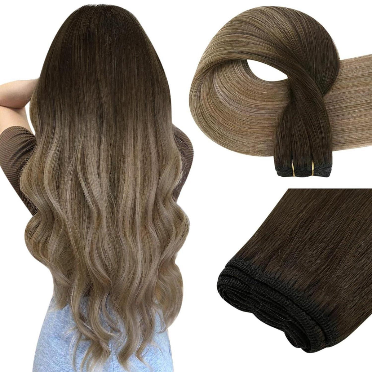 Echthaar Tressen zum Einnähen Dunkelbraun/Aschblond 55cm