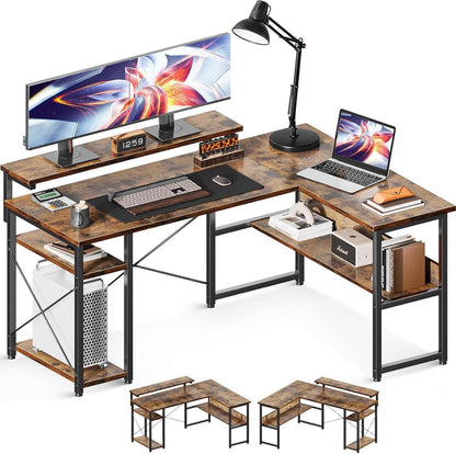 Eckschreibtisch L Form mit Monitorständer und Regal Vintage Braun