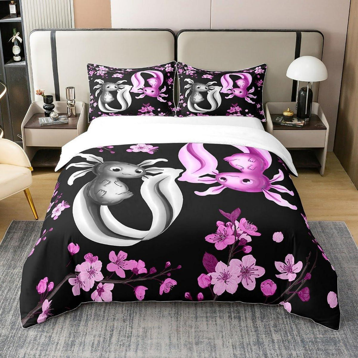 Kawaii Axolotl Bettwäsche Set 220x240 Baumwolle Rosa Schwarz