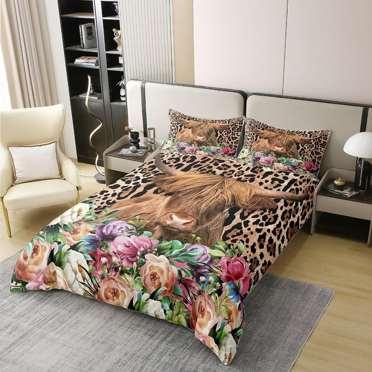 Hochland Kuh Bettwäsche Set 200x200 Baumwolle Leopard Print