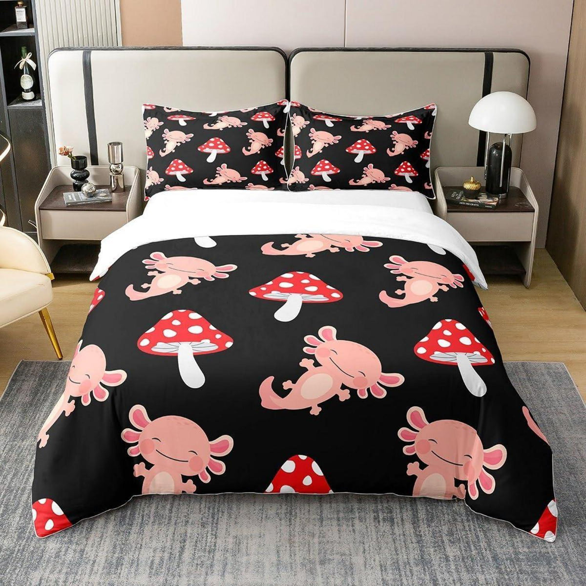 Süßer Pilz Baumwoll Bettbezug Set Kawaii Axolotl Rosa Bettwäsche