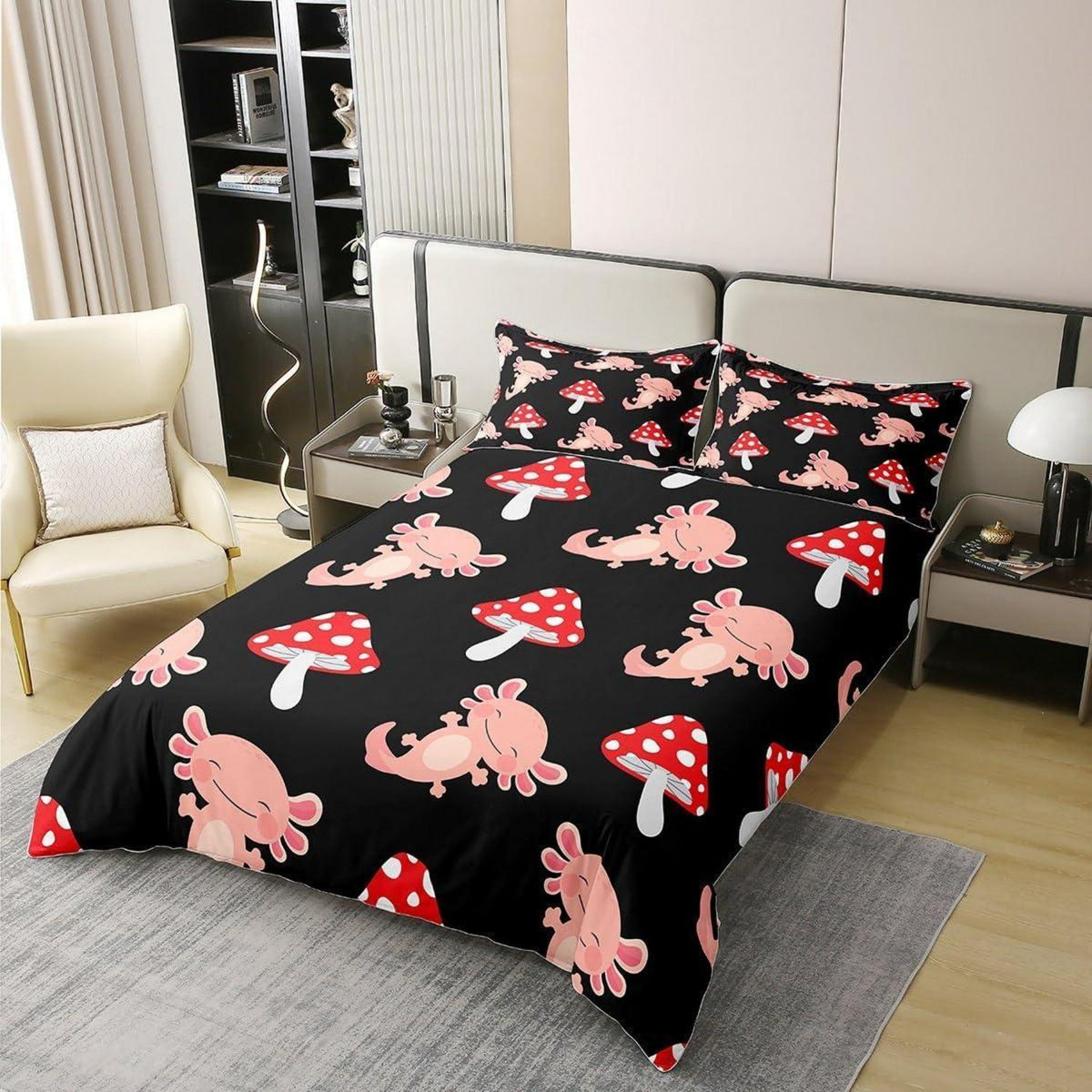 Süßer Pilz Baumwoll Bettbezug Set Kawaii Axolotl Rosa Bettwäsche