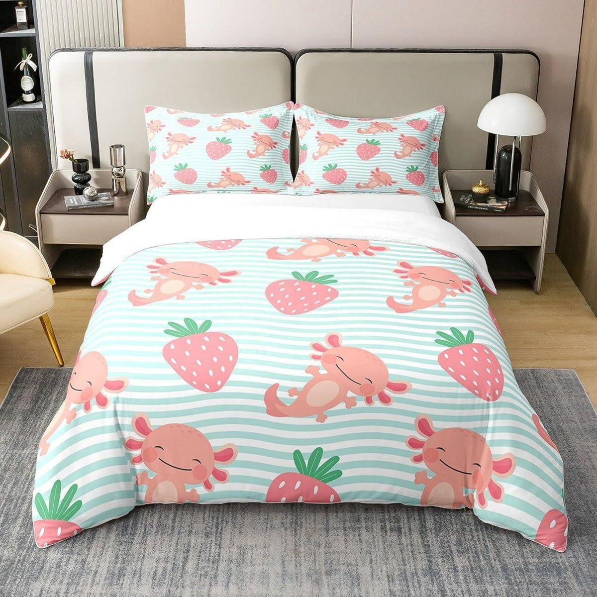 Kawaii Erdbeer & Axolotl Bettwäsche Set 200x200 Baumwolle