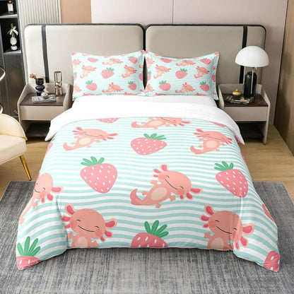 Kawaii Erdbeer & Axolotl Bettwäsche Set 200x200 Baumwolle