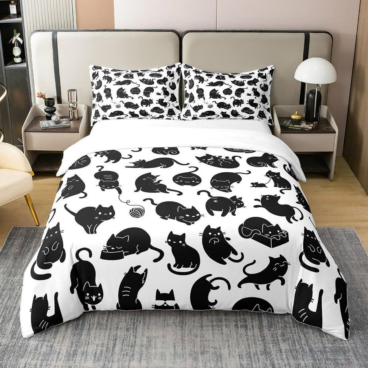 Schwarzer Katzen Bettbezug Set 220x240 - Bio Baumwolle