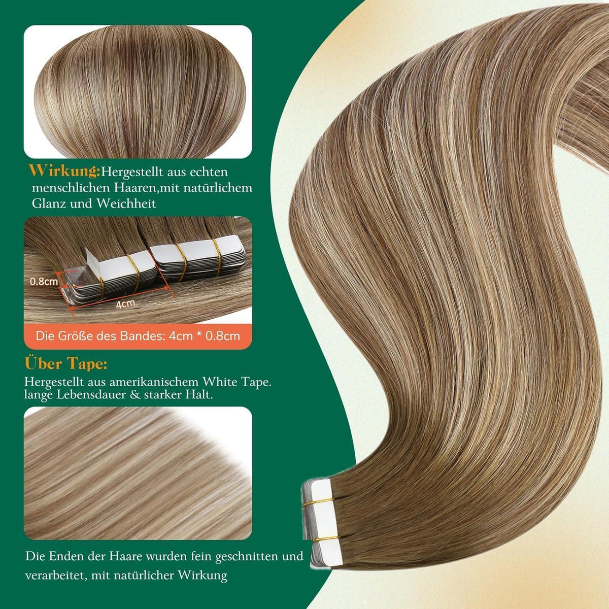 Echthaar Tape Extensions Braun Balayage Ombre Mittelblond