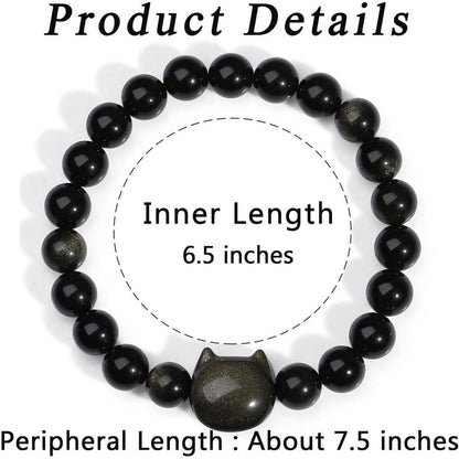 Katzenarmband aus goldenem Obsidian mit 8mm Perlen – Glücksbringer für Damen