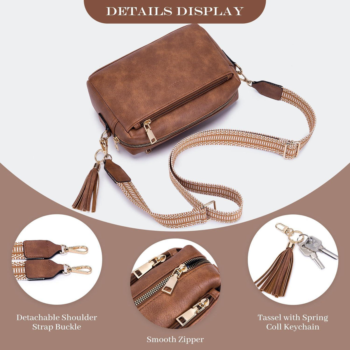 Damen Umhängetasche Veganem Leder Schultertasche mit 3 Fächern C-braun