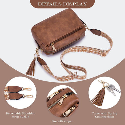Damen Umhängetasche Veganem Leder Schultertasche mit 3 Fächern C-braun