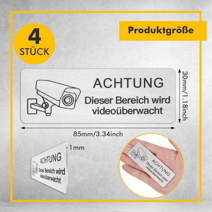 Videoüberwachungsschild 4 Stk. 8.5x3cm Selbstklebend Alu