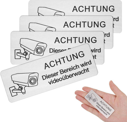 Videoüberwachungs Schild Aluminium Selbstklebend 4er Pack 8.5x3cm