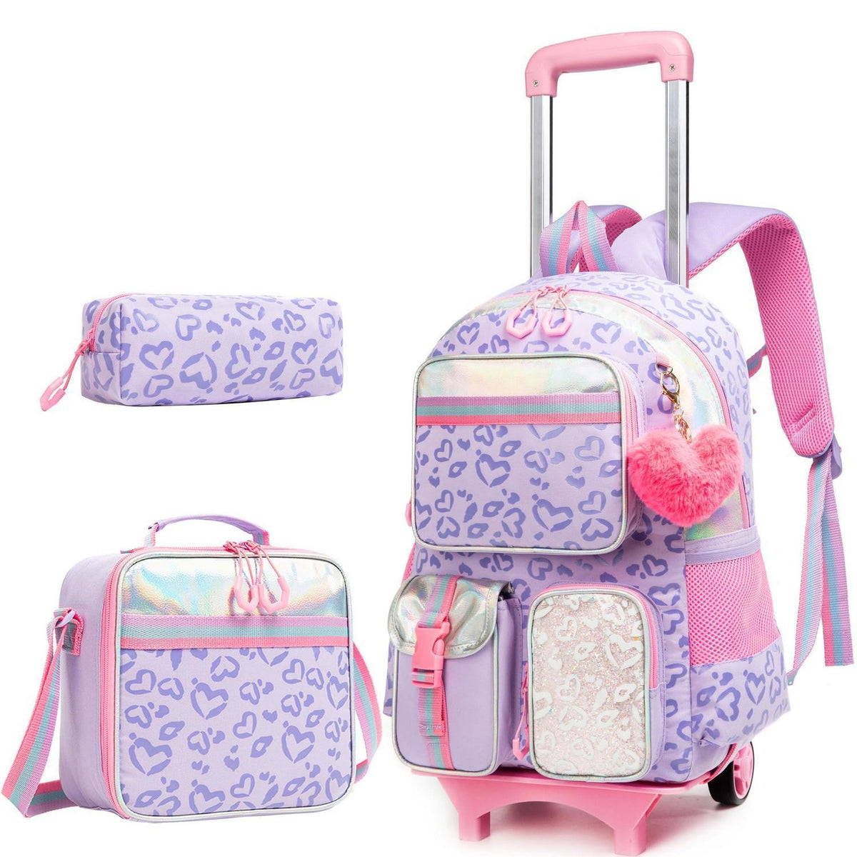 Kinder Trolley Rucksack mit Rädern Lila Herz Schulrucksack Set