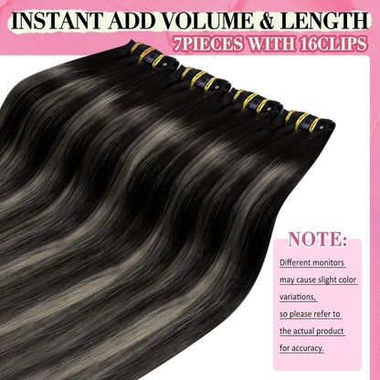 Clip-in Echthaar Extensions Ombre Schwarz Silber 55cm