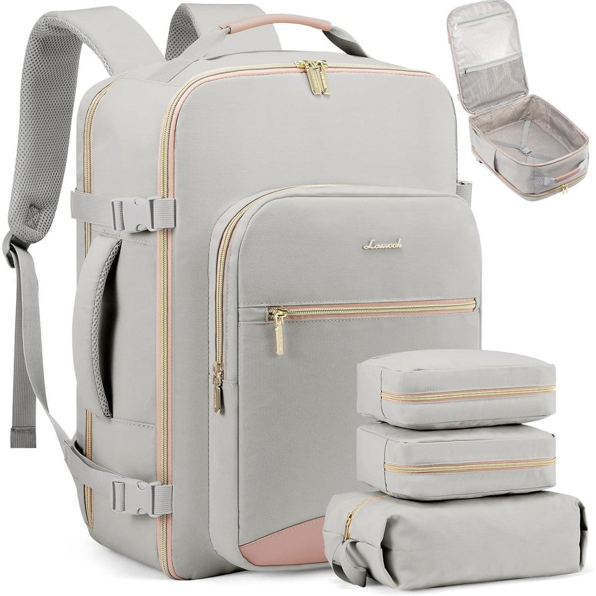 Handgepäck Rucksack 45L Flugzeug Kofferrucksack Damen Laptop 17 Zoll Grau+rosa