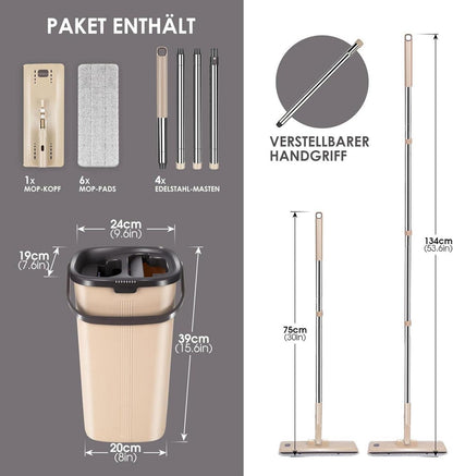 Wischmopp Set mit Eimer und 6 Mikrofaser Pads – 360° Flachmopp