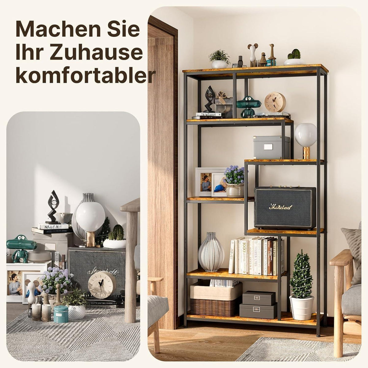 5-stöckiges Versetztes Bücherregal – Freistehend & Industriedesign